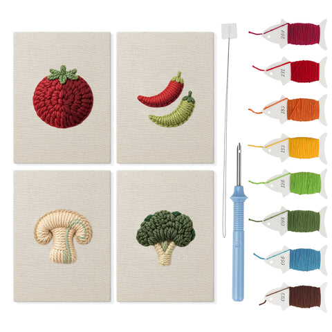 Mushroom and Chilies mini punch needle kit set: four finished canvases with threads, punch needle and threader