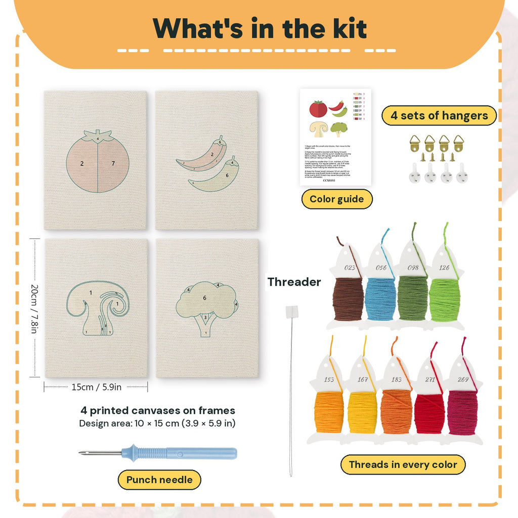 What is in the Mushroom and Chilies set: 4 printed canvases, punch needle, threader, threads, color guide and 4 sets of hangers (6 × 8 in (15 × 20 cm) each)
