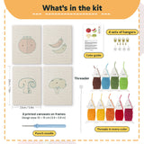 What is in the Mushroom and Chilies set: 4 printed canvases, punch needle, threader, threads, color guide and 4 sets of hangers (6 × 8 in (15 × 20 cm) each)