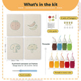 What is in the Mushroom and Chilies set, 8 × 12 in (20 × 30 cm) each: 4 printed canvases, punch needle, threader, threads, color guide and 4 sets of hangers