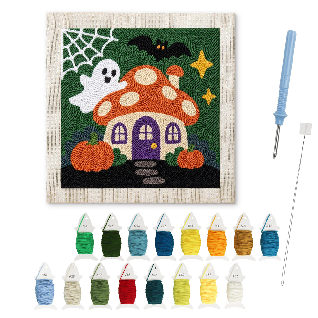 Mushroom House Ghost punch needle kit: finished canvas with threads, punch needle and threader