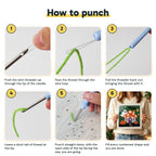Six steps showing how to thread and use the punch needle