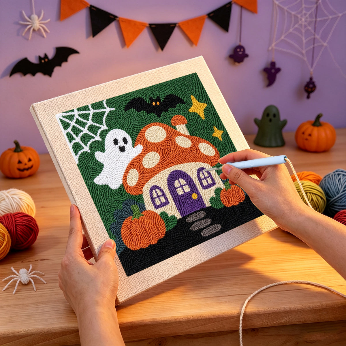 Punching the Mushroom House Ghost design with the punch needle