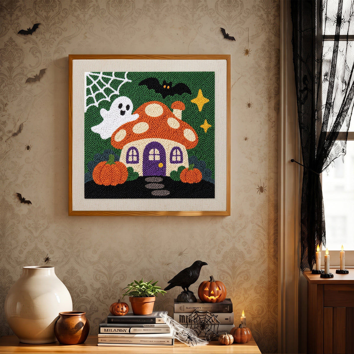 Finished Mushroom House Ghost punch needle canvas on a wall
