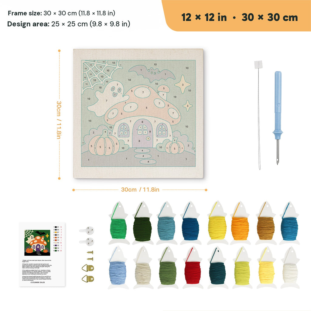 Mushroom House Ghost punch needle kit, 12 × 12 in (30 × 30 cm): canvas size and kit contents