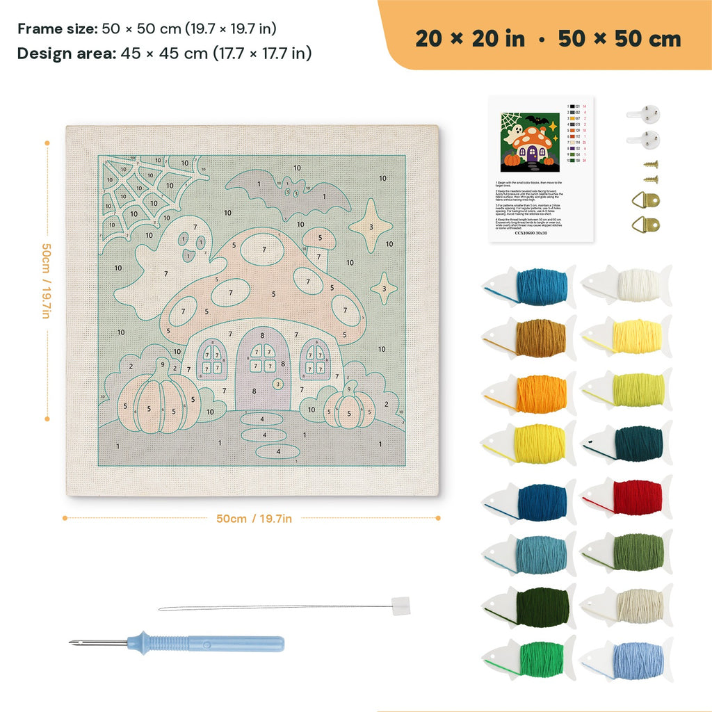 Mushroom House Ghost punch needle kit, 20 × 20 in (50 × 50 cm): canvas size and kit contents