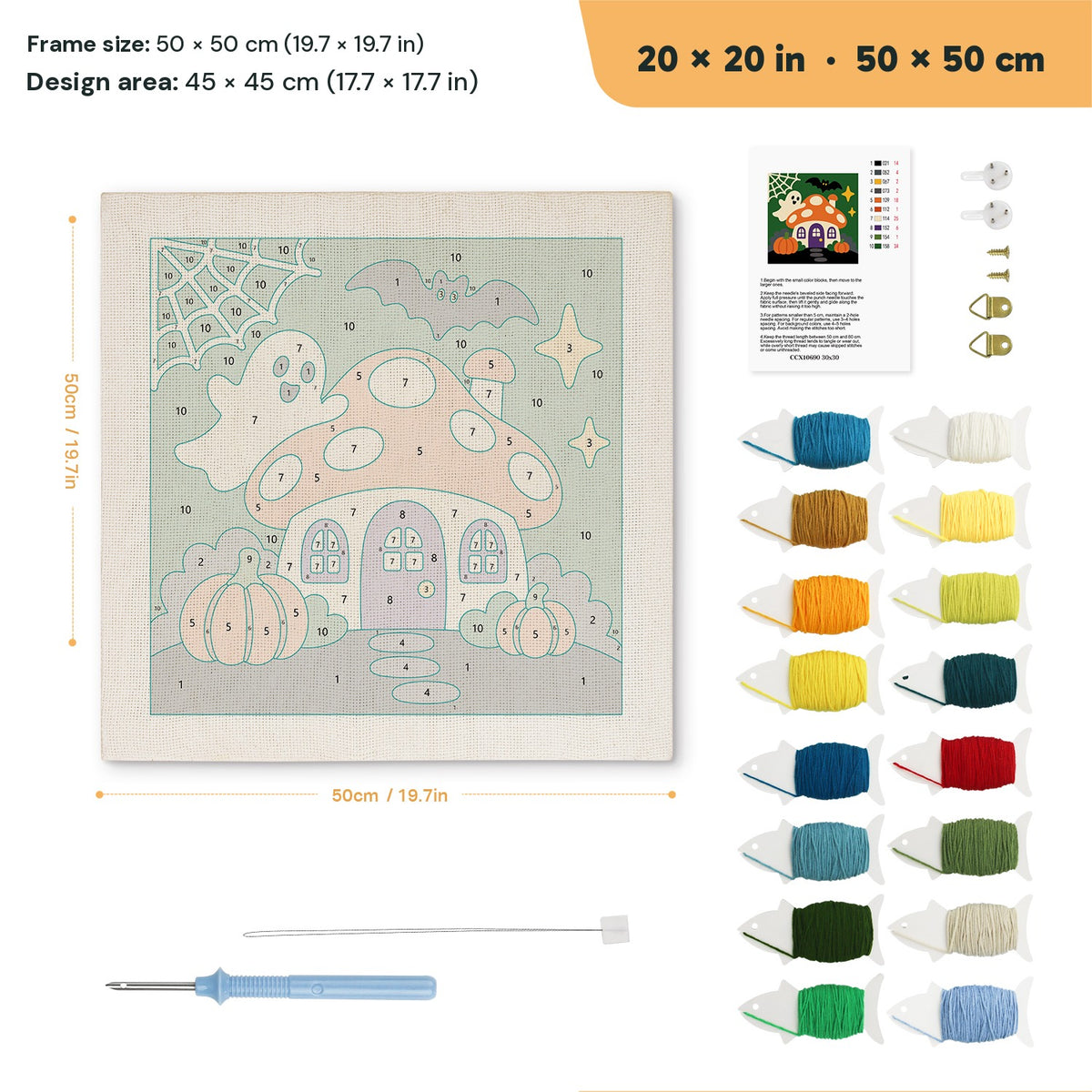 Mushroom House Ghost punch needle kit, 20 × 20 in (50 × 50 cm): canvas size and kit contents