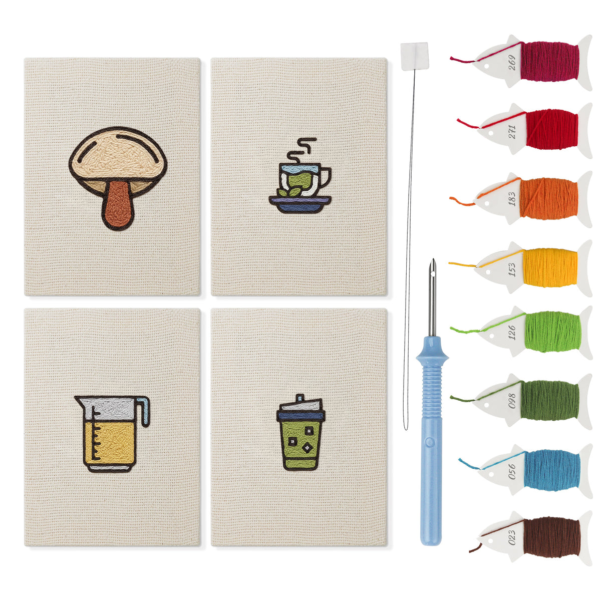 Mushroom Tea Time mini punch needle kit set: four finished canvases with threads, punch needle and threader