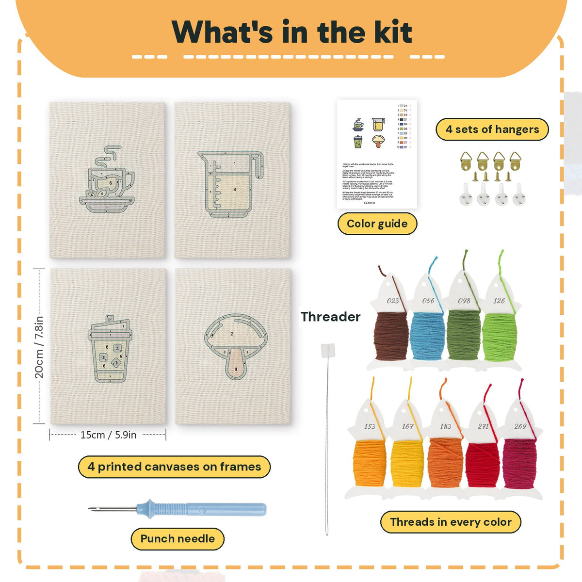 What is in the Mushroom Tea Time set: 4 printed canvases, punch needle, threader, threads, color guide and 4 sets of hangers (6 × 8 in (15 × 20 cm) each)