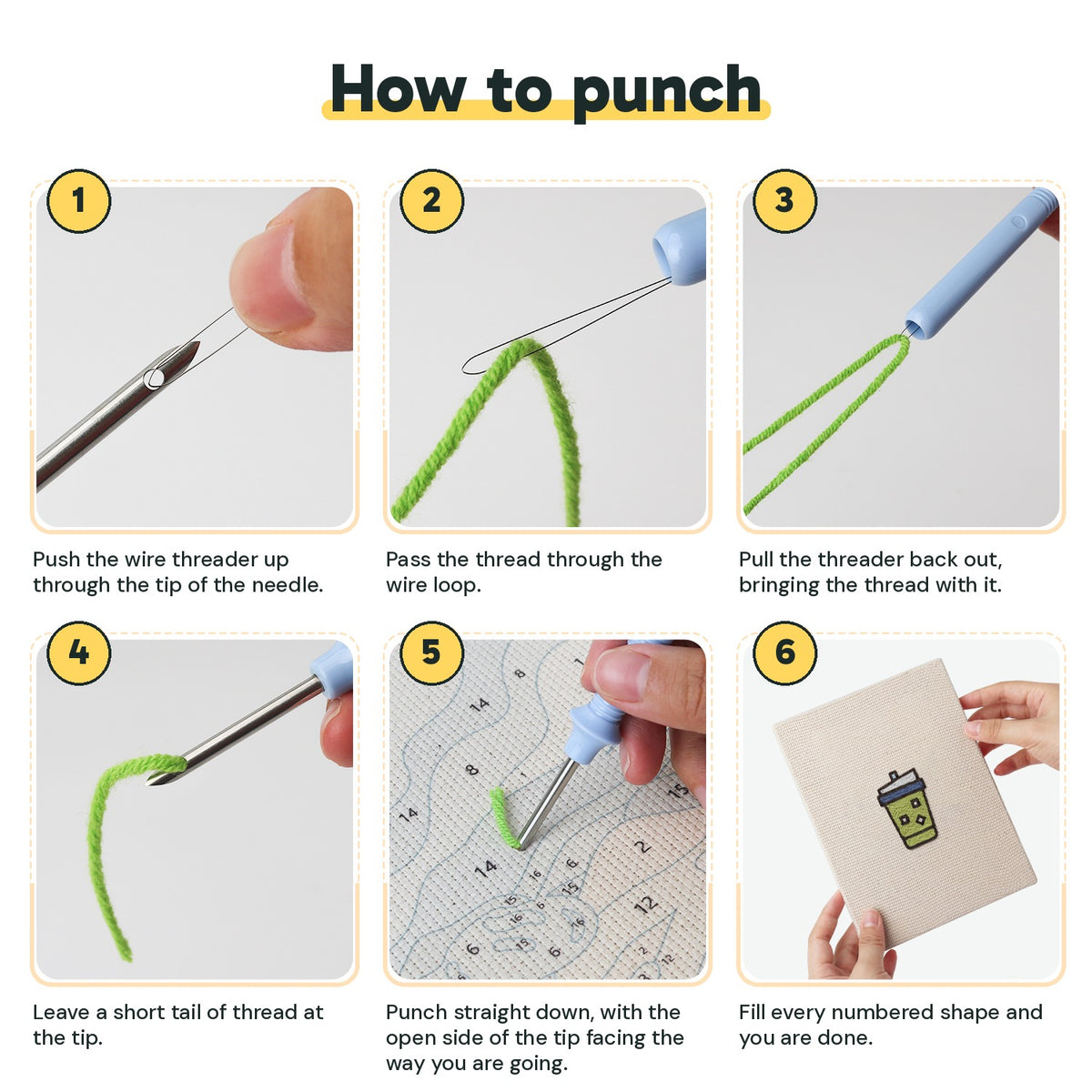 Six steps showing how to thread and use the punch needle