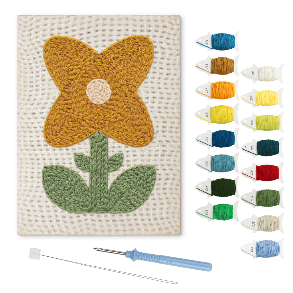 Mustard Petal Flower punch needle kit: finished canvas with threads, punch needle and threader