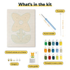 What is in the Mustard Petal Flower kit: printed canvas, punch needle, threader, threads, color guide and hangers