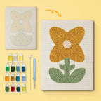 Mustard Petal Flower canvas before and after punching, with the threads and tools