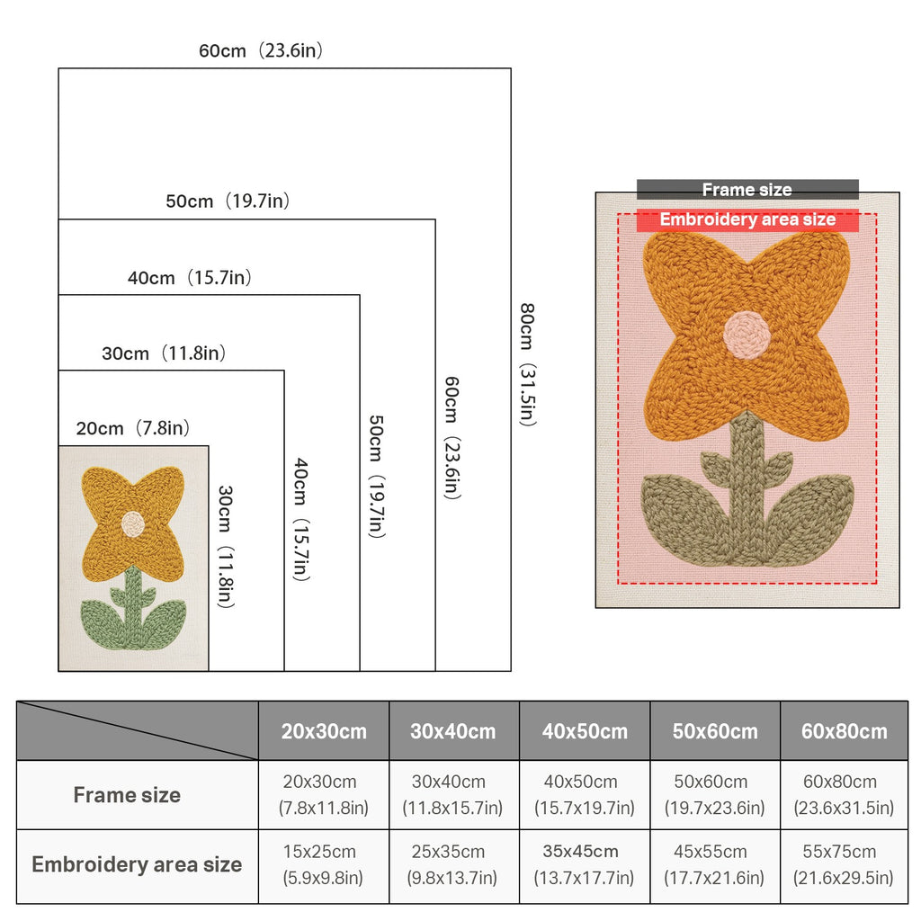 Size chart for punch needle kits from 20 x 30 cm to 60 x 80 cm