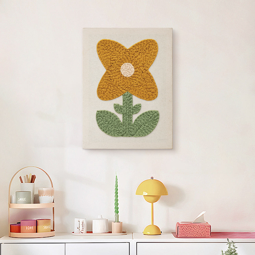Finished Mustard Petal Flower punch needle canvas on a wall