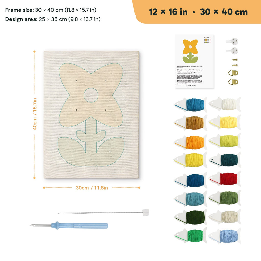 Mustard Petal Flower punch needle kit, 12 × 16 in (30 × 40 cm): canvas size and kit contents