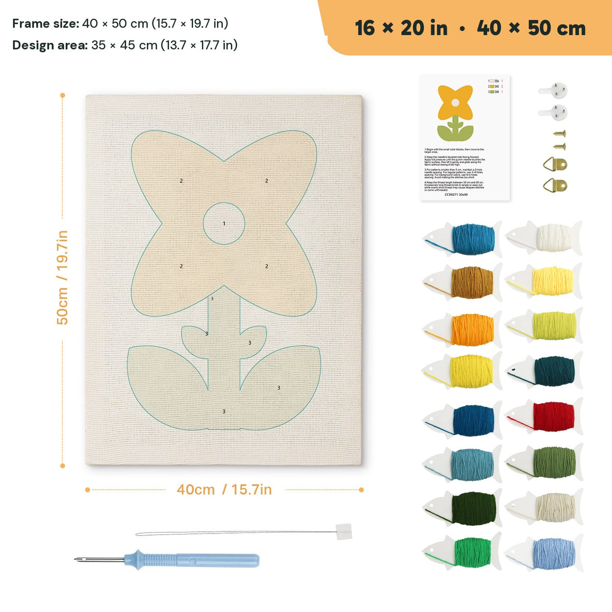 Mustard Petal Flower punch needle kit, 16 × 20 in (40 × 50 cm): canvas size and kit contents