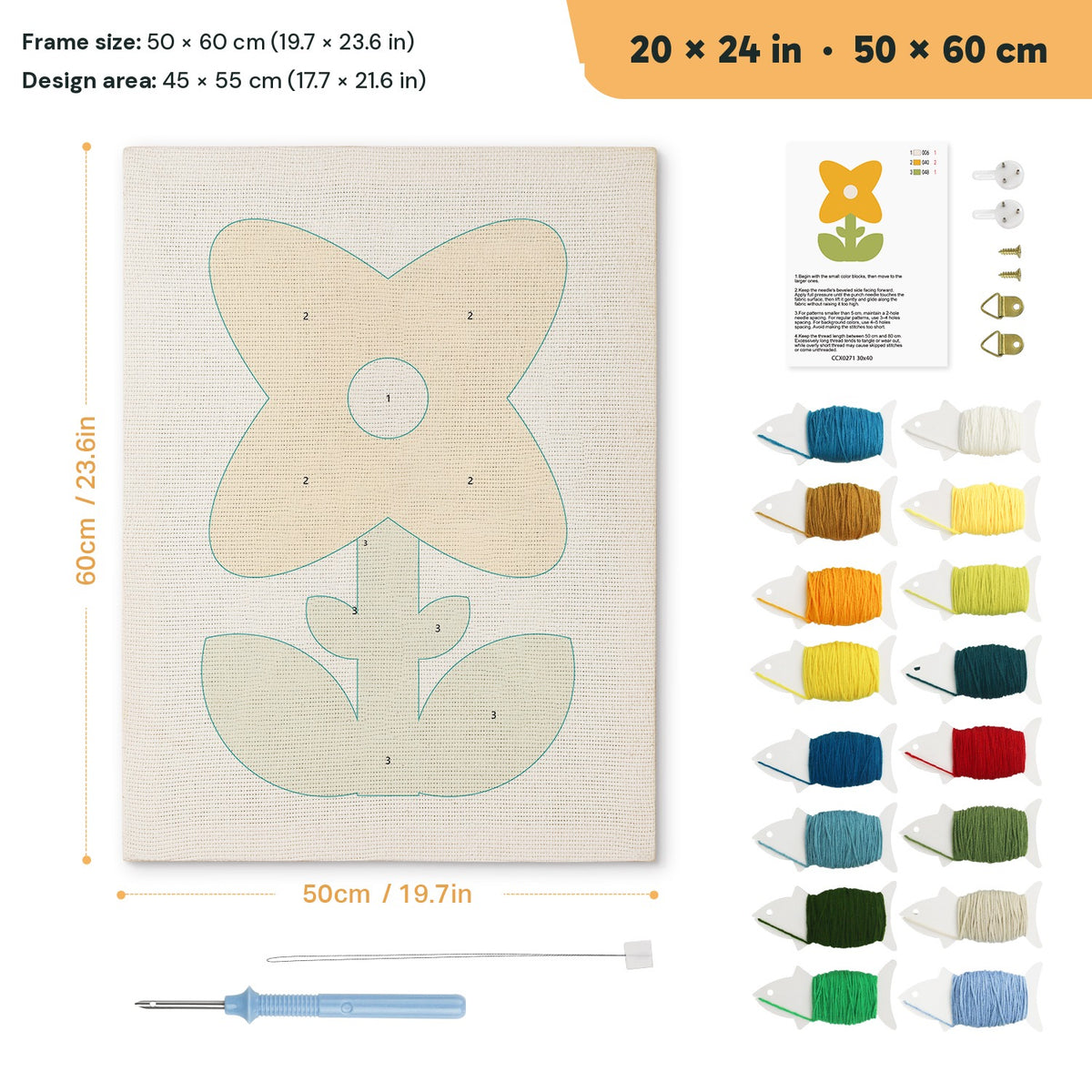 Mustard Petal Flower punch needle kit, 20 × 24 in (50 × 60 cm): canvas size and kit contents