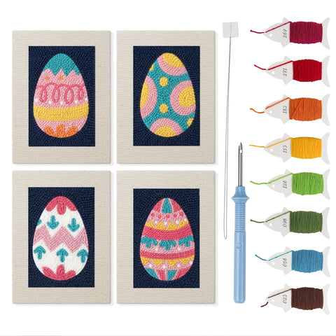 Navy Easter Eggs mini punch needle kit set: four finished canvases with threads, punch needle and threader