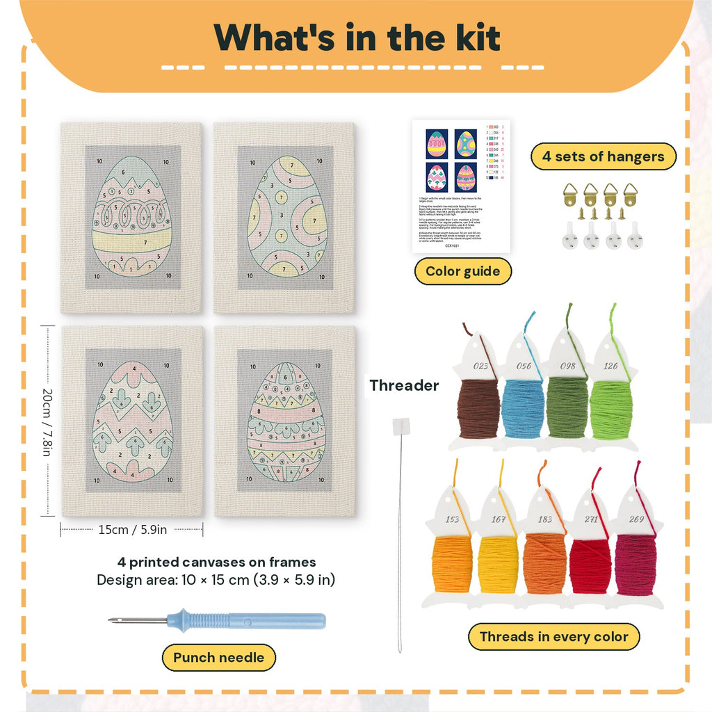 What is in the Navy Easter Eggs set: 4 printed canvases, punch needle, threader, threads, color guide and 4 sets of hangers (6 × 8 in (15 × 20 cm) each)