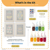 What is in the Navy Easter Eggs set: 4 printed canvases, punch needle, threader, threads, color guide and 4 sets of hangers (6 × 8 in (15 × 20 cm) each)