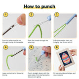 Six steps showing how to thread and use the punch needle