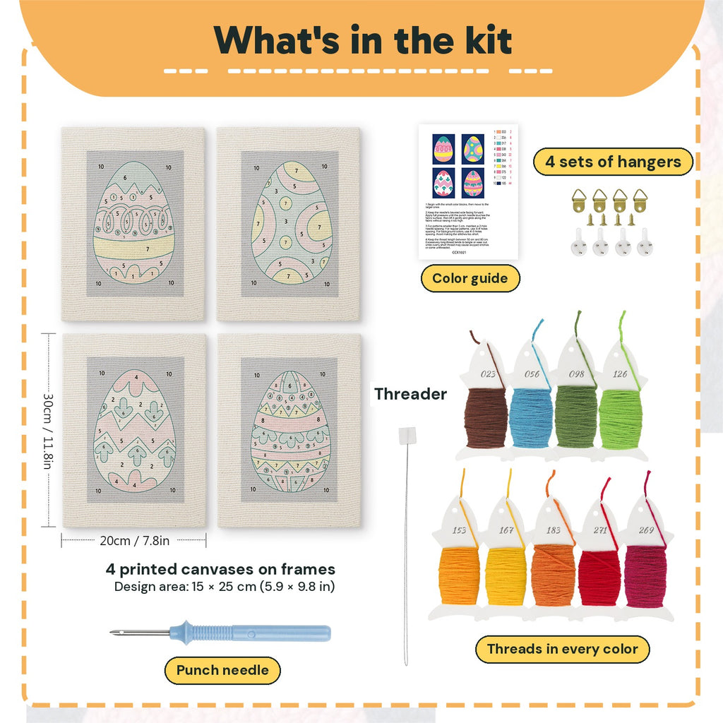 What is in the Navy Easter Eggs set, 8 × 12 in (20 × 30 cm) each: 4 printed canvases, punch needle, threader, threads, color guide and 4 sets of hangers