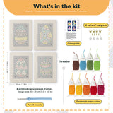 What is in the Navy Easter Eggs set, 8 × 12 in (20 × 30 cm) each: 4 printed canvases, punch needle, threader, threads, color guide and 4 sets of hangers
