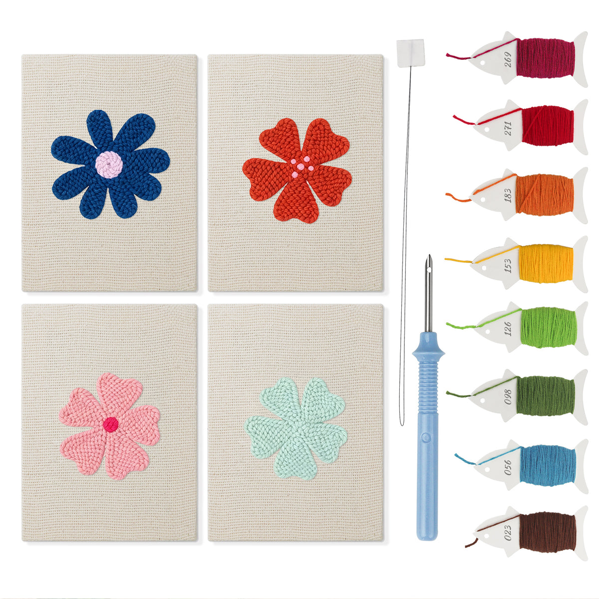 Navy Mint Blooms mini punch needle kit set: four finished canvases with threads, punch needle and threader