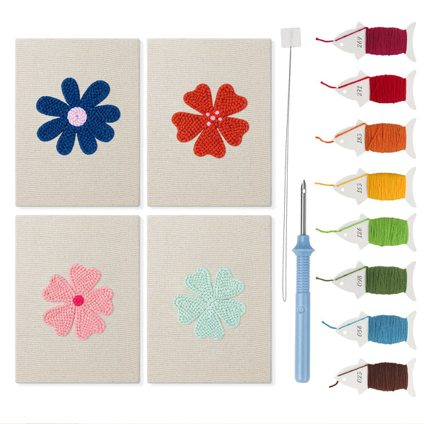 Navy Mint Blooms mini punch needle kit set: four finished canvases with threads, punch needle and threader