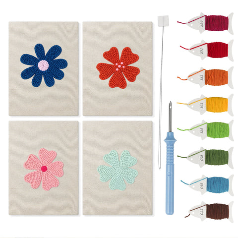 Navy Mint Blooms mini punch needle kit set: four finished canvases with threads, punch needle and threader