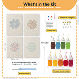 What is in the Navy Mint Blooms set, 8 × 12 in (20 × 30 cm) each: 4 printed canvases, punch needle, threader, threads, color guide and 4 sets of hangers