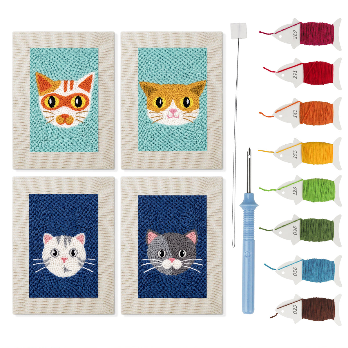 Navy Teal Cats mini punch needle kit set: four finished canvases with threads, punch needle and threader