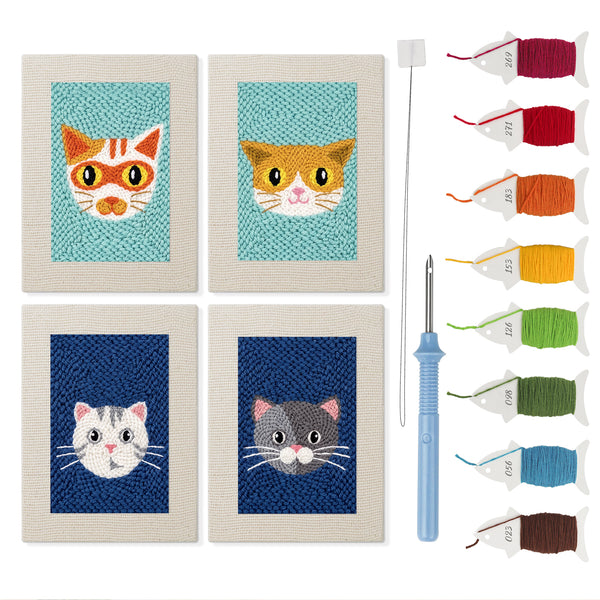 Navy Teal Cats mini punch needle kit set: four finished canvases with threads, punch needle and threader