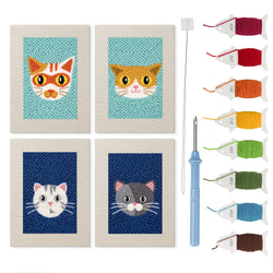 Navy Teal Cats mini punch needle kit set: four finished canvases with threads, punch needle and threader