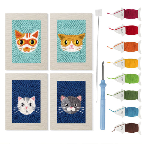 Navy Teal Cats mini punch needle kit set: four finished canvases with threads, punch needle and threader