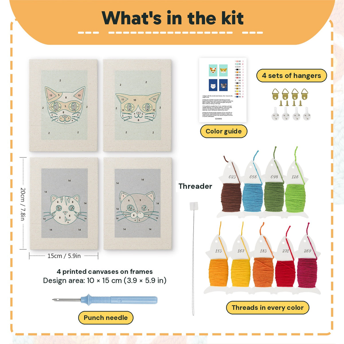 What is in the Navy Teal Cats set: 4 printed canvases, punch needle, threader, threads, color guide and 4 sets of hangers (6 × 8 in (15 × 20 cm) each)