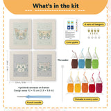 What is in the Navy Teal Cats set: 4 printed canvases, punch needle, threader, threads, color guide and 4 sets of hangers (6 × 8 in (15 × 20 cm) each)