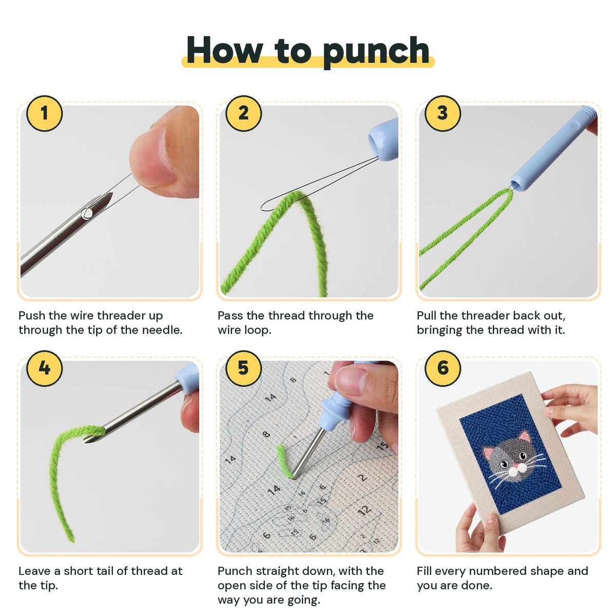Six steps showing how to thread and use the punch needle
