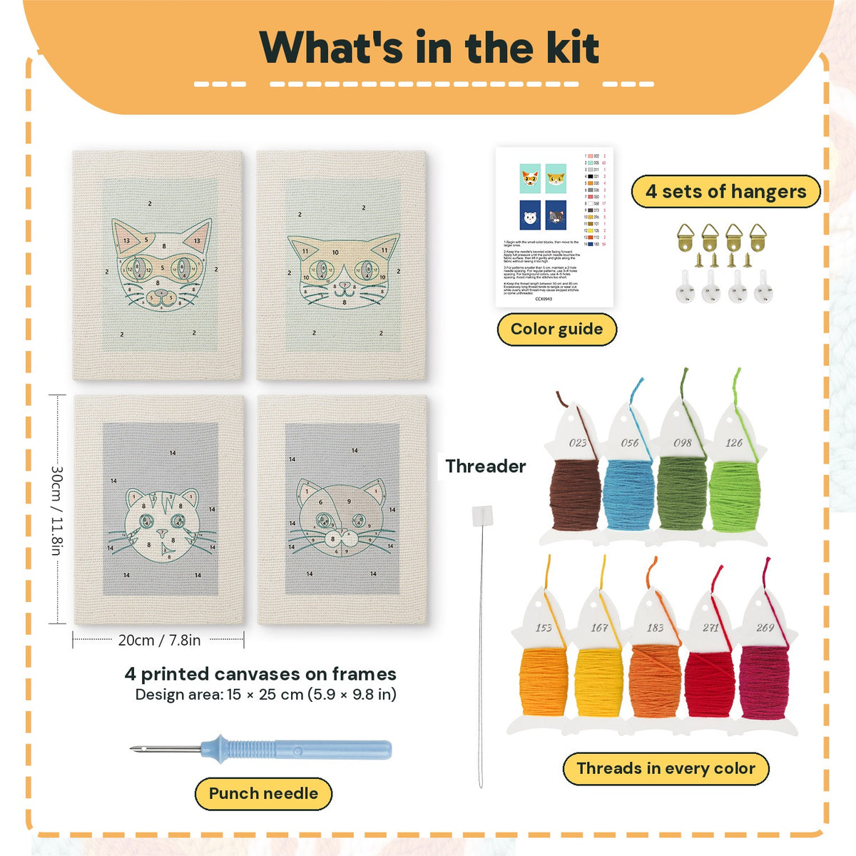 What is in the Navy Teal Cats set, 8 × 12 in (20 × 30 cm) each: 4 printed canvases, punch needle, threader, threads, color guide and 4 sets of hangers