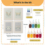 What is in the Navy Teal Cats set, 8 × 12 in (20 × 30 cm) each: 4 printed canvases, punch needle, threader, threads, color guide and 4 sets of hangers