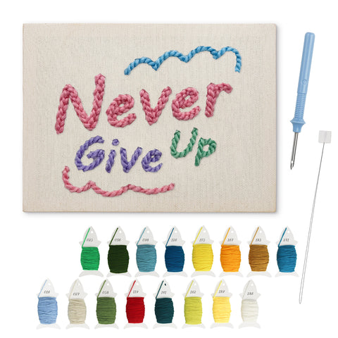 Never Give Up punch needle kit: finished canvas with threads, punch needle and threader