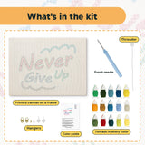 What is in the Never Give Up kit: printed canvas, punch needle, threader, threads, color guide and hangers
