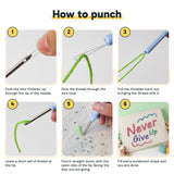 Six steps showing how to thread and use the punch needle