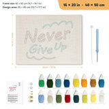 Never Give Up punch needle kit, 16 × 20 in (40 × 50 cm): canvas size and kit contents