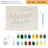 Never Give Up punch needle kit, 20 × 24 in (50 × 60 cm): canvas size and kit contents