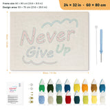 Never Give Up punch needle kit, 24 × 32 in (60 × 80 cm): canvas size and kit contents