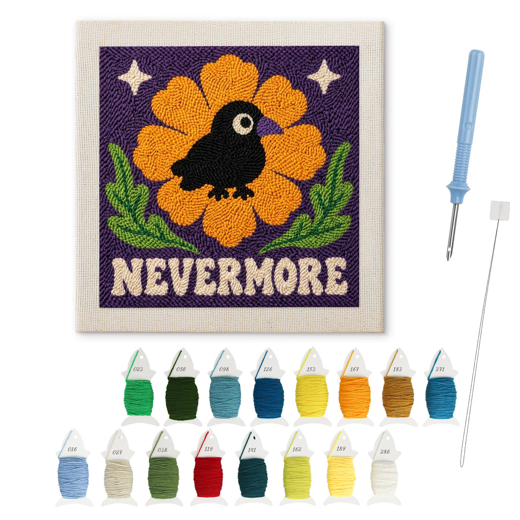 Nevermore Crow punch needle kit: finished canvas with threads, punch needle and threader