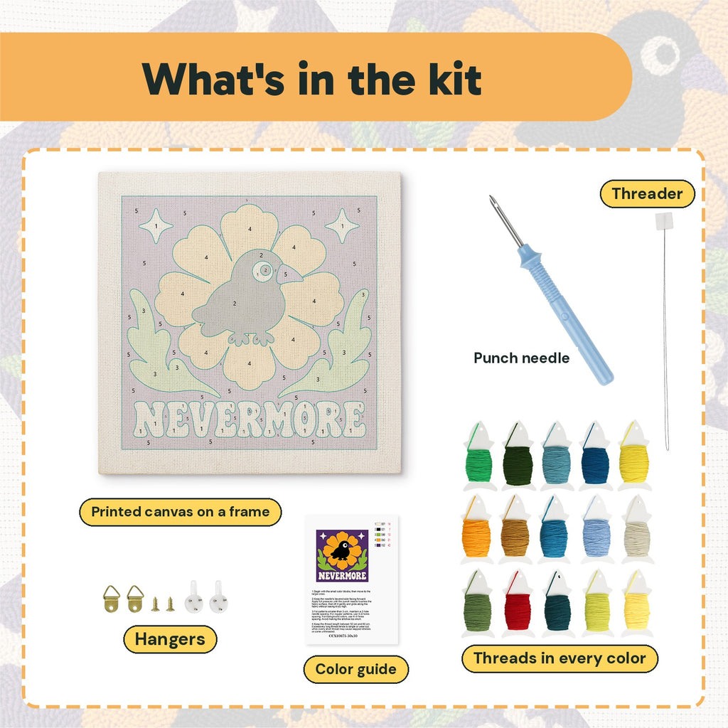 What is in the Nevermore Crow kit: printed canvas, punch needle, threader, threads, color guide and hangers