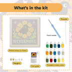 What is in the Nevermore Crow kit: printed canvas, punch needle, threader, threads, color guide and hangers